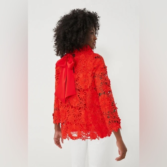 Tuckernuck Faye Red Guipure Lace Blouse XXS NWT Ruffle Bow Back Cocktail Top - Picture 3 of 11